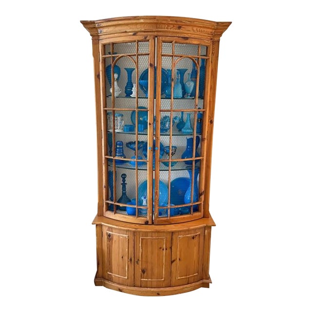 Vintage Pine Cabinet With Chicken Wire Display Hutch For Sale