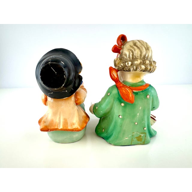 1950s Japanese Ceramic Boy Musician & Little Red Riding Hood Girl Figurines, a Pair For Sale - Image 9 of 14