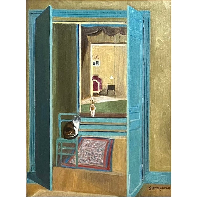 Oil painting on canvas board of an interior room, a bedroom in the distance, a cat on the landing and a cat relaxing on a...