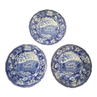 Staffordshire Blue and White Plates - Set of 3 For Sale