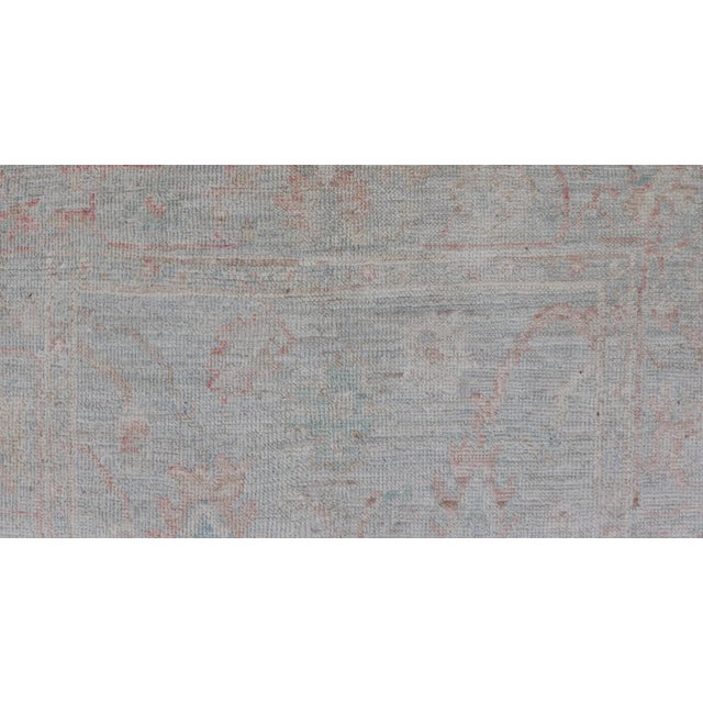 Pastel Colored Hand-Knotted Modern Oushak With Light Blue-Gray Background For Sale - Image 9 of 11