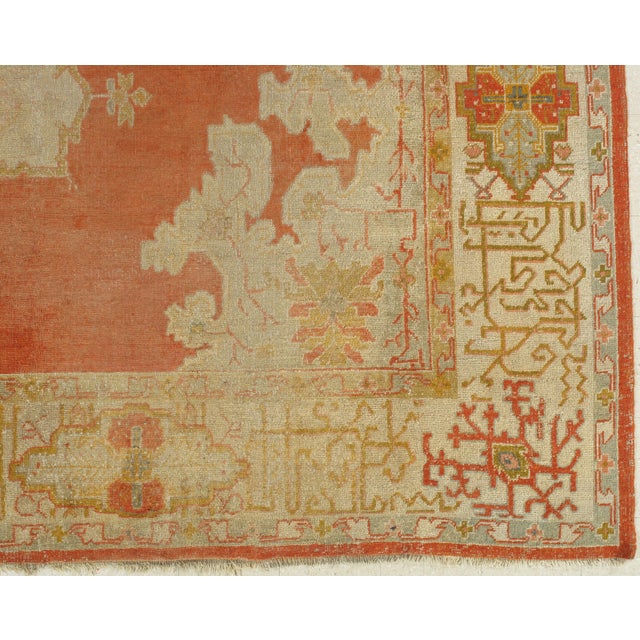 Antique Oushak Carpet, Oriental Rug, Handmade Rug Saffron, Light Blue and Coral For Sale - Image 10 of 18