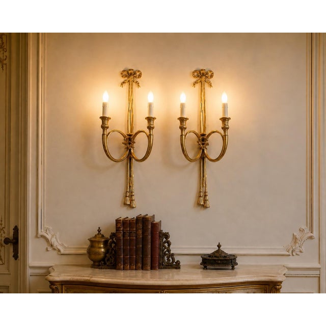 Late20C French Maker Louis XVI Gilt Bronze Sconces Wall Lamps-Pair For Sale - Image 17 of 18