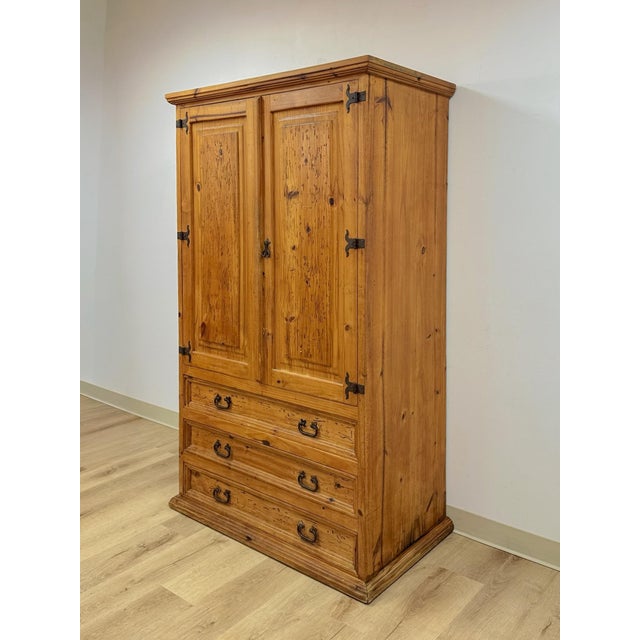 Mexican Vintage Armoire Knotty Pine Mexican Iron Hardware Coat Rack Three Drawer For Sale - Image 3 of 18