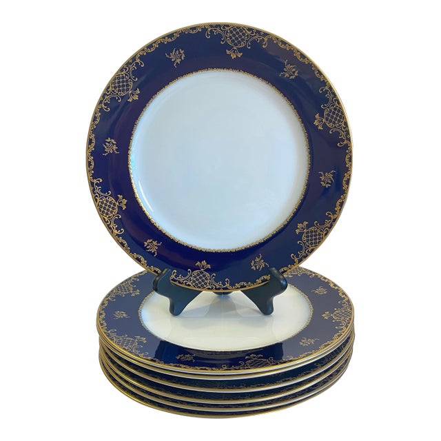 Vintage 1970s–1980s Rosenthal Continental “Charlemagne” Cobalt & Gilt Dinner Plates – Set of 7 For Sale