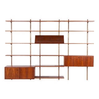 Edward Wormley for Dunbar Three-Bay Walnut & Brass Shelving System, 1952 For Sale