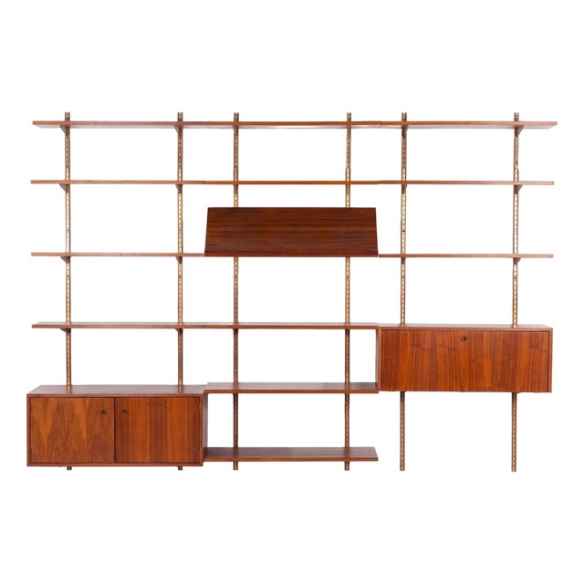 Edward Wormley for Dunbar Three-Bay Walnut & Brass Shelving System, 1952 For Sale