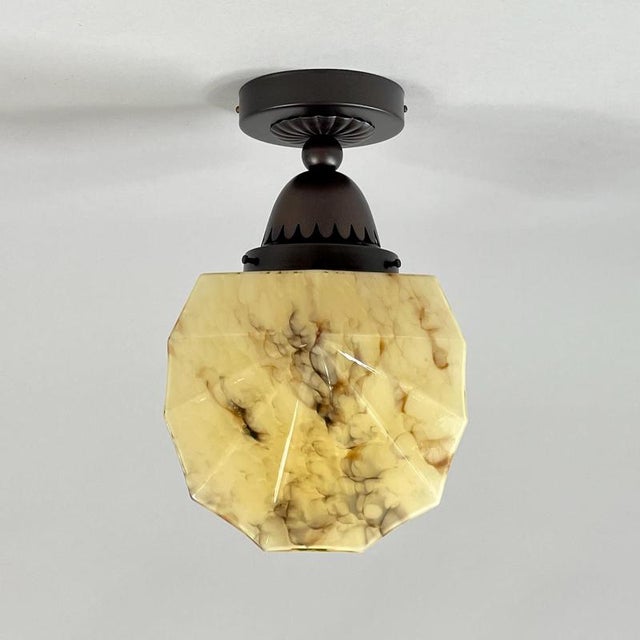 Art Deco Marbled Opaline Glass and Burnished Brass Flush Mount, Germany, 1920s For Sale - Image 15 of 18