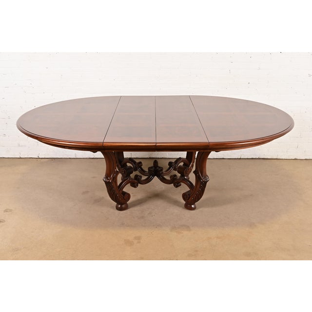 Henredon Italian Provincial Carved Walnut and Burl Wood Pedestal Extension Dining Table, Newly Refinished For Sale - Image 14 of 14