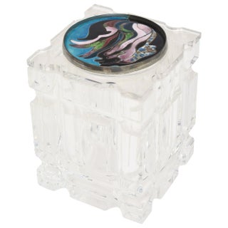 Vintage Lucite Vessel or Box With Signed Foiled Enameled Cloisonne Top For Sale