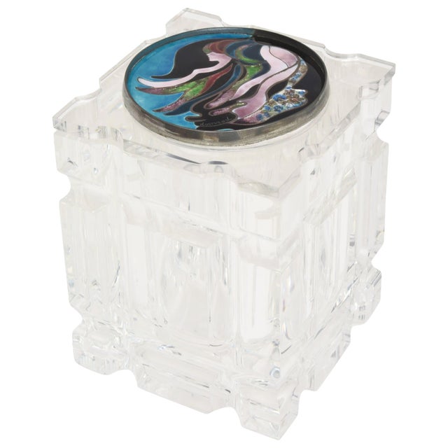 Vintage Lucite Vessel or Box With Signed Foiled Enameled Cloisonne Top For Sale