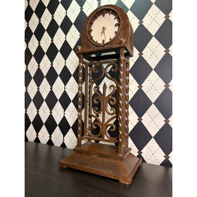 1970s Grand Old World Ironwork Table Clock With Architectural Scrollwork, 25" For Sale - Image 12 of 18
