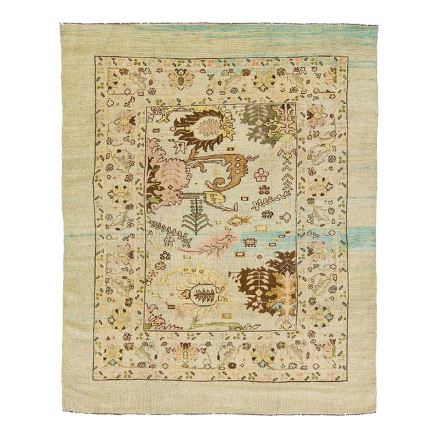 Mid-Century Transitional Style Handmade Floral Motif Beige Wool Rug For Sale