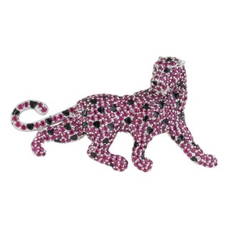 Mid 20th Century Retro Pavé Set Ruby Panther Brooch - Unisex Gift for Animal Lovers For Sale