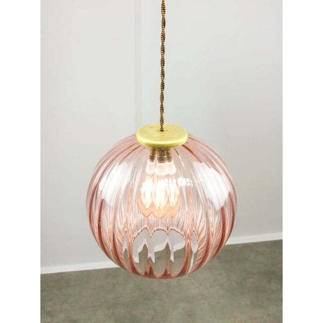 Mid-Century Italian Pink Glass and Brass Pendant Lamp For Sale - Image 6 of 12
