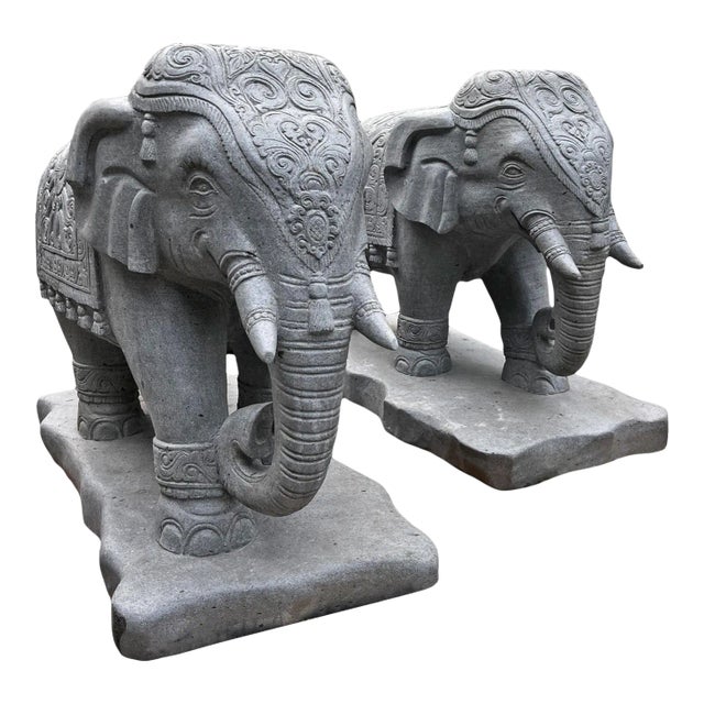 Pair of Vintage Stone Carved Elephant Statues For Sale