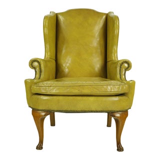 Mid Century Studded Yellow Leather Wingback Arm Chair For Sale