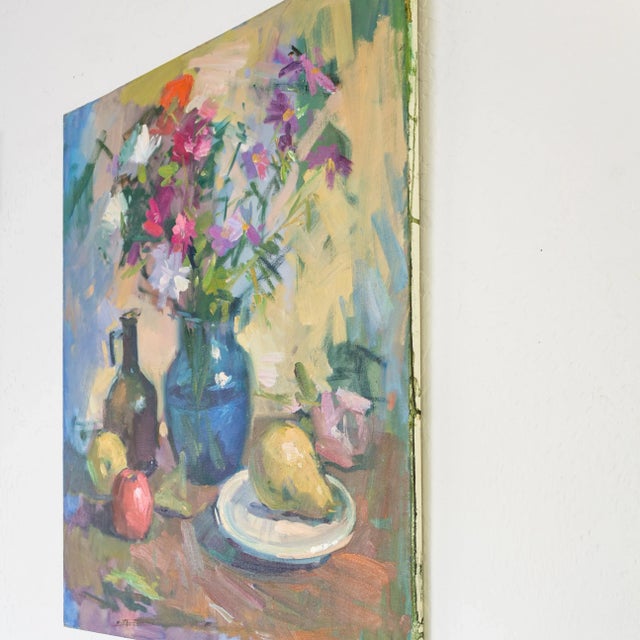 Mid-Century Modern Large Fruit and Floral Still Life Oil Painting Blue and Polychrome For Sale - Image 3 of 10