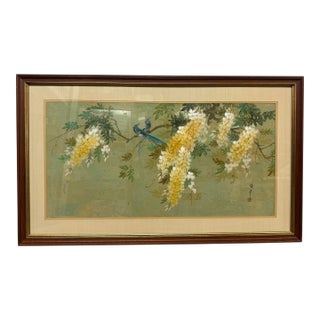 Asian Style Artwork Bird on Flower Composition, Signed For Sale