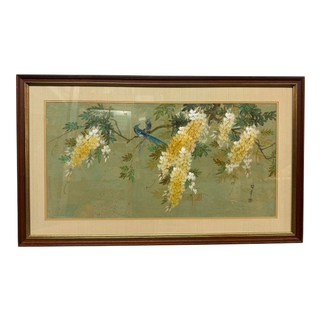 Asian Style Artwork Bird on Flower Composition, Signed For Sale