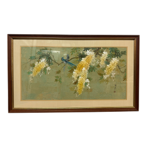 Asian Style Artwork Bird on Flower Composition, Signed