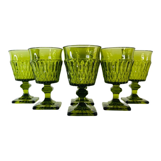 Vintage 1970s Green Footed Glass Goblets, Set of 6 For Sale