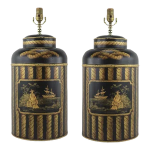 Pair of Black Vintage English Export Tea Cans Hand Painted Chinoiserie Figurines Table Lamps
