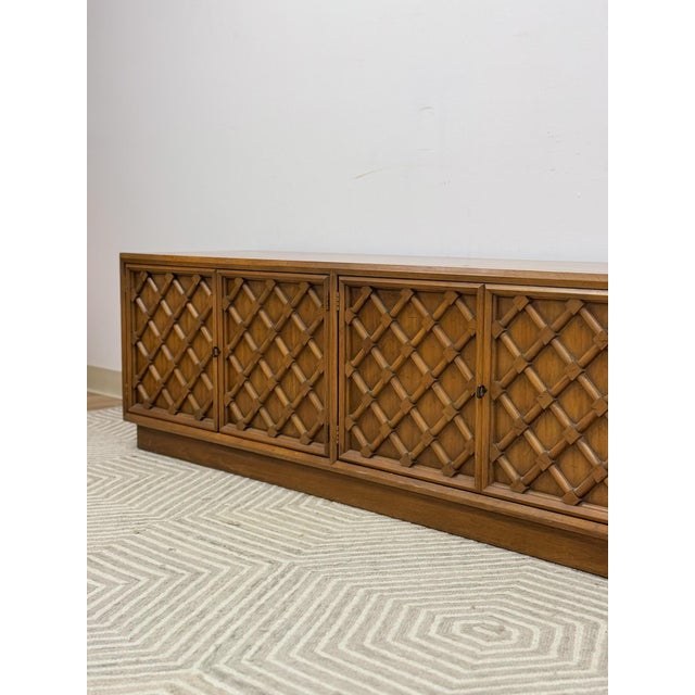 Brown Drexel Collage MCM Low Console Lattice Door Faces Vintage Credenza Finished Back For Sale - Image 8 of 16