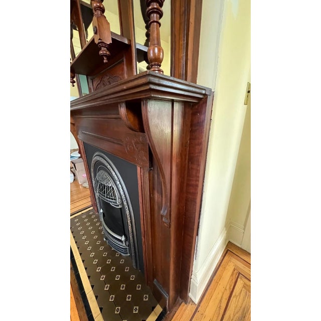 Brown Carved Wood Victorian Fireplace Mantel & Surround Beveled Mirrors 1880's For Sale - Image 8 of 12