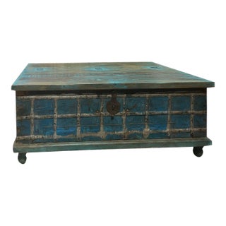 Vintage Trunk Rustic Blue Storage Blanket Storage Bench For Sale