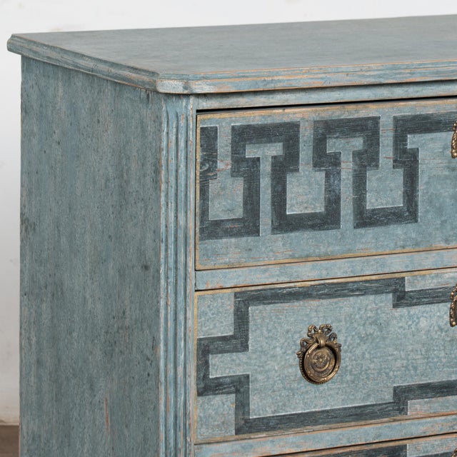 19th Century Swedish Gustavian Blue Chest of Three Drawers With Greek Key Design For Sale - Image 9 of 14