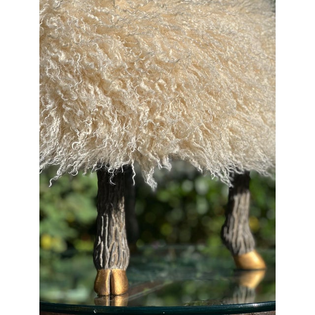2020s Ottoman/ Footstool: 1 Stool W/Carved Faux “Sheep” Legs and Faux “Lamb” Upholstery / Hand Gilded Legs. Made in Los Angeles by Everage Design Workshop. For Sale - Image 5 of 9