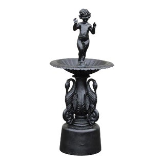 Mid 20th Century Neoclassical Style Cast Iron Cherub and Swan Garden Bird Bath For Sale