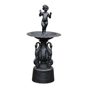 Mid 20th Century Neoclassical Style Cast Iron Cherub and Swan Garden Bird Bath