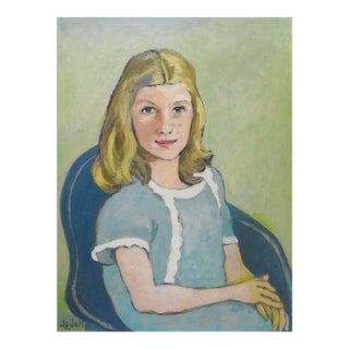 Vintage Mid 20th Century Portrait of Girl in Blue Dress Painting For Sale