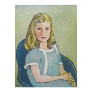 Vintage Mid 20th Century Portrait of Girl in Blue Dress Painting