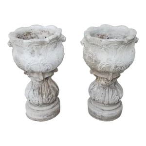 Pair of Antique French Neoclassical High Relief Lion Head Garden Planters With Acanthus Leaf Pedestals