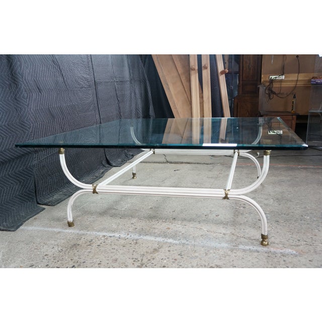 Maison Jansen Mid Century Maison Jansen Style White Iron Faux Bamboo Square Glass Coffee Table For Sale - Image 4 of 13