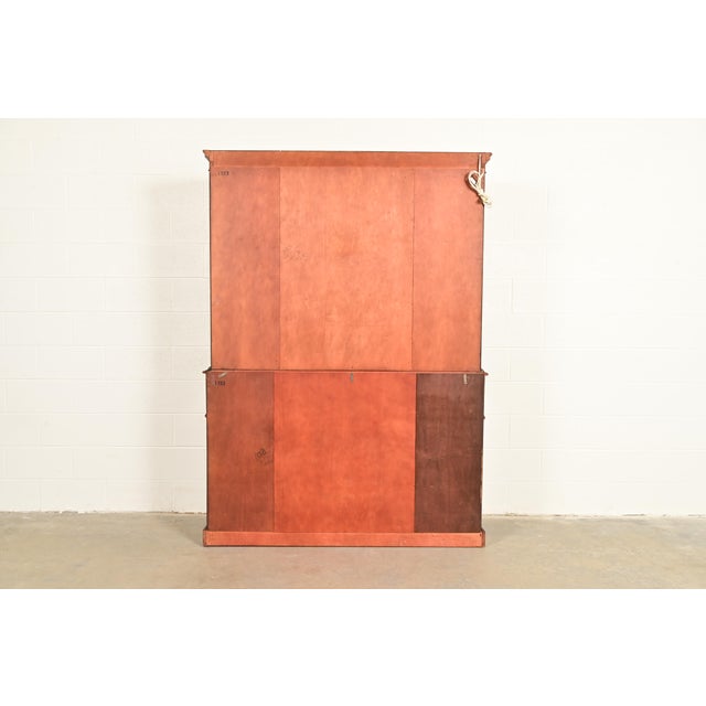 Baker Furniture Style Regency Flame Mahogany Lighted Breakfront Bookcase Cabinet With Drop Front Secretary Desk, Circa 1940s For Sale - Image 15 of 16