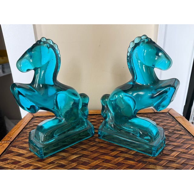 Art Deco Peacock Blue Glass Rearing Horse Statues From 1940’s Art Deco, a Pair For Sale - Image 3 of 6