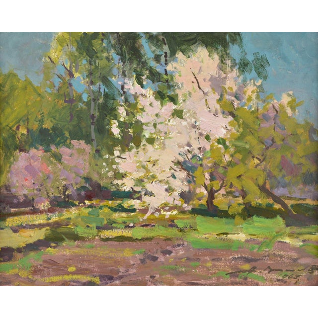 Alfejs Bromults, Apple Tree Blooming, 1969, Oil on Cardboard For Sale - Image 6 of 6