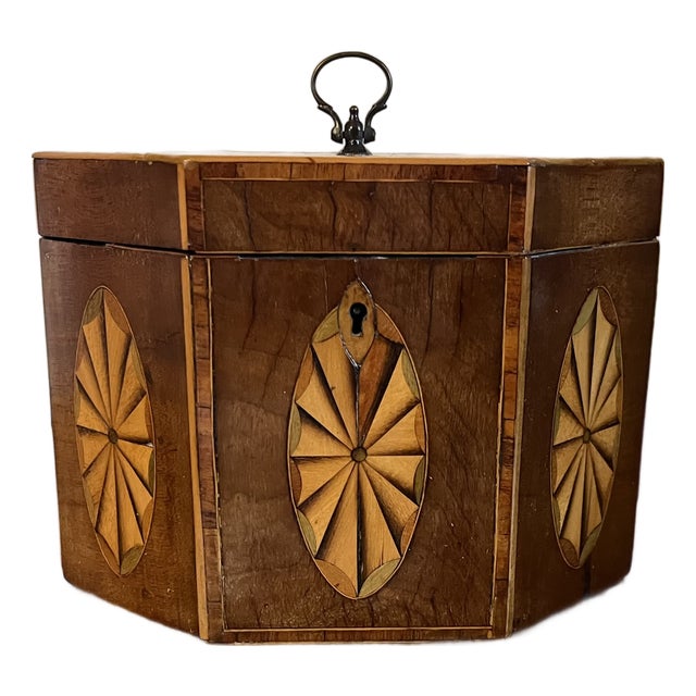 Antique Early 19th Century English George III Hexagonal Mahogany Tea Caddy of Elegant Proportion With Paterae Fan Inlay For Sale