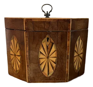 Antique Early 19th Century English George III Hexagonal Mahogany Tea Caddy of Elegant Proportion With Paterae Fan Inlay