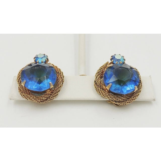 Metal 1960s Blue-Green Rhinestone Clip Earrings - 2 Pieces For Sale - Image 7 of 8