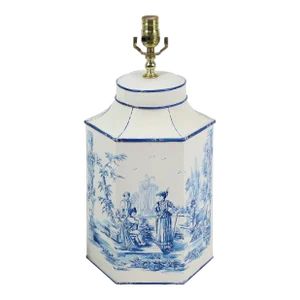 Vintage English Export Tea Caddy Hand-Painted Blue and White Table Lamp.