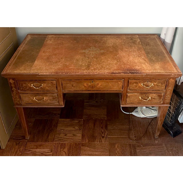 Brown Edwardian Mahogany Desk With Floral Inlay, Leather Top, and Brass Accents Circa 1910 For Sale - Image 8 of 8