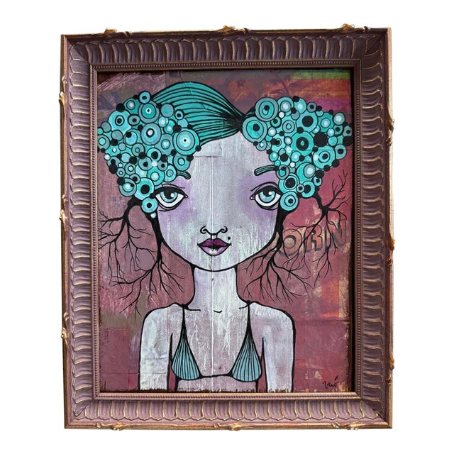 Contemporary Original Folk/Outsider Painting in Lavender and Gold Custom Italian Frame For Sale
