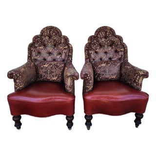 Pair of Vintage Fabric and Leather Armchairs For Sale