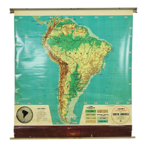 Vintage Cram's Physical Political Roll Up School Map of South America