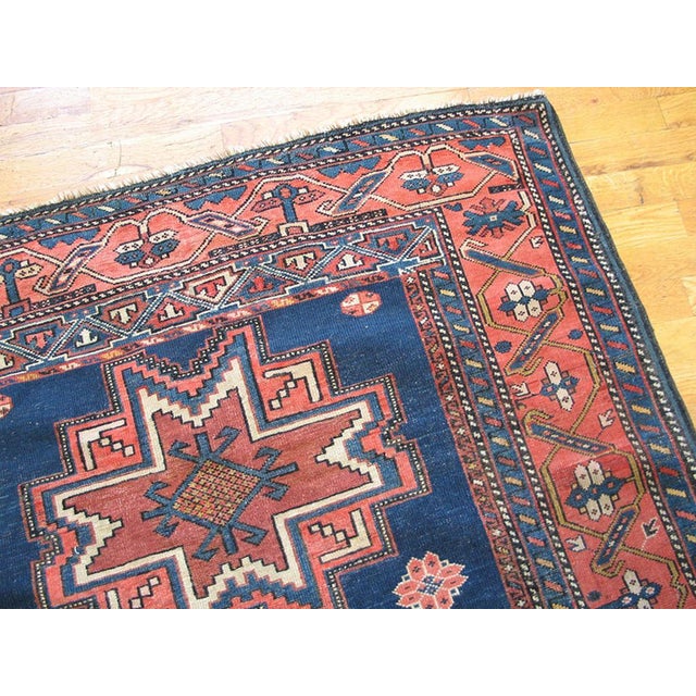 1920s Blue Navy Geometric Tribal Antique Caucasian Lesghi Rug 4'0" X 7'3" Handknotted Wool Carpet For Sale - Image 4 of 5
